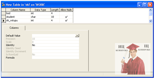 М5222, Рис. 13.2 - Вікно створення таблиці бази даних