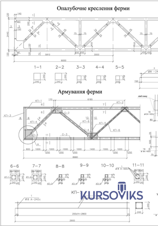 М456, 18, Робоче креслення та креслення арматурних виробів ферми з паралельними поясами